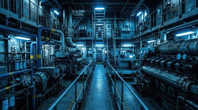 Industrial interior with pipes machinery and equipment in blue tones