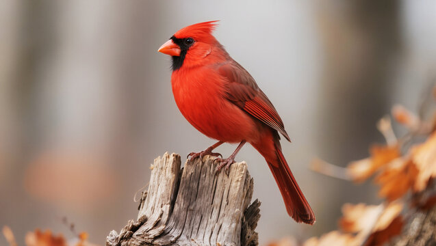 A majestic male Northern Cardinal showcasing vibrant red plumage while perched on a rustic weathered tree stump against a soft neutral background.