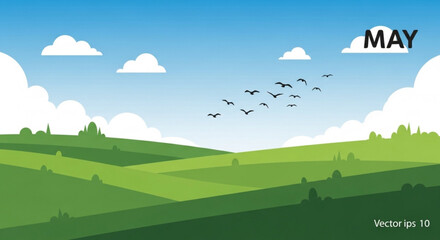 Fototapeta premium Serene landscape with rolling green hills blue sky white clouds and birds flying in formation during springtime