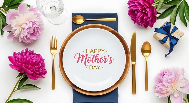 Elegant Mother's Day breakfast table setting with gold cutlery, pink peonies, and festive message plate
