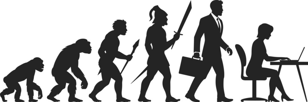 Human evolution silhouette, from ape to primitive caveman, ancient warrior to modern businessman, woman working on laptop computer vector illustration.