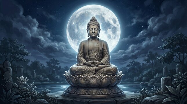 Realistic illustration for buddha purnima with buddha sitting in lotus position at full moon.