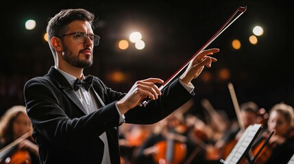 Fototapeta premium Maestro Conducting Symphony Orchestra with Passionate Precision in a Grand Concert Hall Setting