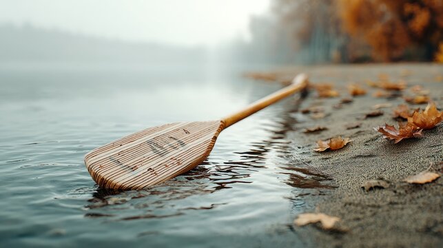 Wooden Canoe Paddle Stuck Upright in Sand Beside Quiet Lake in Autumn