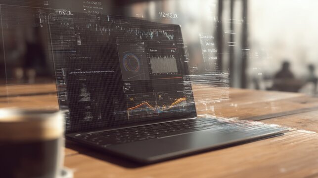 laptop with complex interface overlays graphs and timestamps blended with real workspace subtle tech visualization