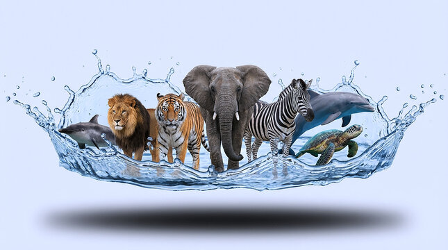 A creative illustration of various wild animals and sea creatures emerging from a splash of water