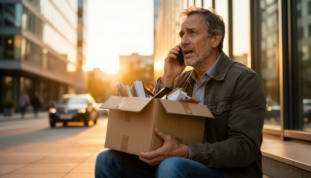 A man sits on the sidewalk with a box of belongings while talking on the phone. The man looks concerned as the setting sun casts a warm glow on the modern buildings.