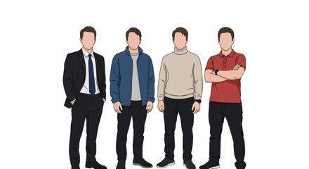 Obraz premium Four men standing in different casual and formal outfits and poses illustration