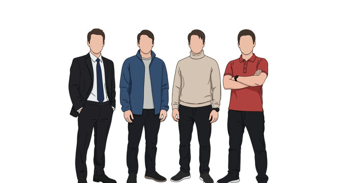 Four men standing in different casual and formal outfits and poses illustration