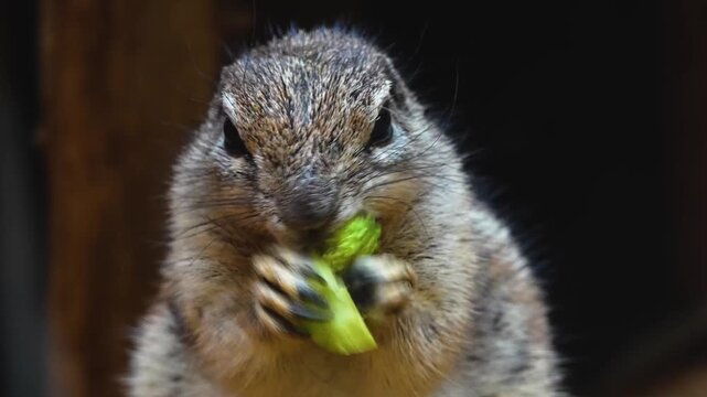 Close up of a ground squirrel sitting up and eating a broccoli with his front feet on a cloudy day in spring 