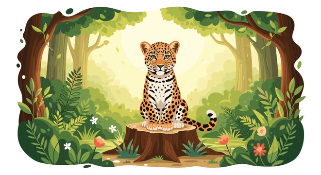 Majestic leopard sits regally on a tree stump in a lush green forest clearing surrounded by plants and wildflowers.