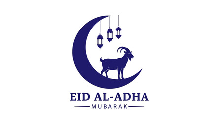 Fototapeta premium Commemorative vector illustration for a significant Islamic holiday, depicting a crescent moon, a majestic goat, and elegant decorative lamps, signifying blessings, joy, and festive celebration