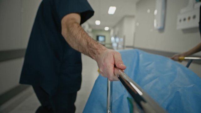 Close up of two unrecognizable nurses dressed in deep blue scrubs transporting patient on gurney after surgery