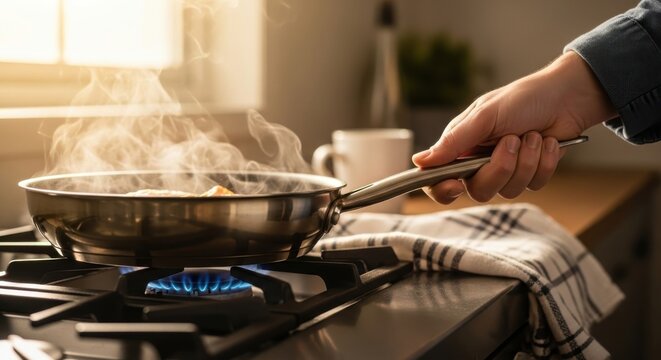 Capturing the inviting warmth and sensory experience of home cooking, a hand skillfully tends to sizzling food in a steaming frying pan over a vibrant gas flame on a kitchen stove