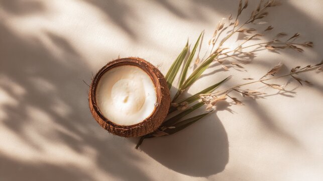 Minimal Thai coconut dessert in coconut shell, creamy texture, tropical aesthetic, soft natural lighting, clean composition, high resolution