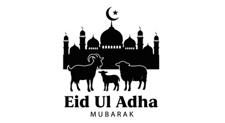 Obraz premium Eid Ul Adha Mubarak Greeting Card with Mosque and Sheep Silhouette