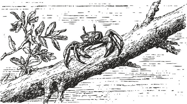 crab climbing on tree branch with leaves in natural habitat black and white line art illustration