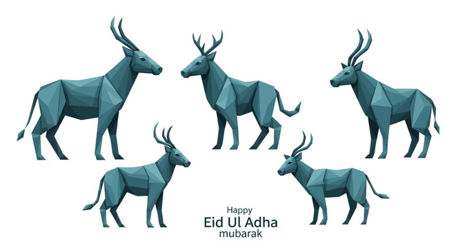 Joyful Eid al-Adha celebration with stylized geometric animals. Modern low-poly illustration of horned mammals, perfect for Islamic festival greetings and blessings