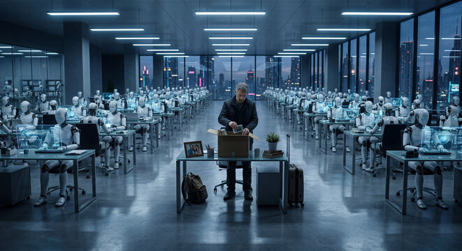 Futuristic pristine office floor filled with robots at desks where one human remains packing a box in cold clinical lighting generative AI