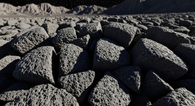 Crushed vesicular basalt rock fragments displaying porous texture with mountainous background