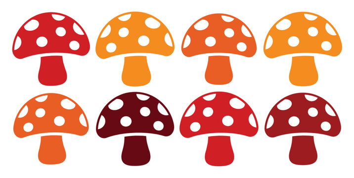 秋の森を彩る、赤、オレンジ、茶色の水玉模様の可愛いキノコ8個セット。ベクターイラスト素材、子供向けデザインや自然をテーマにしたプロジェクトに最適。