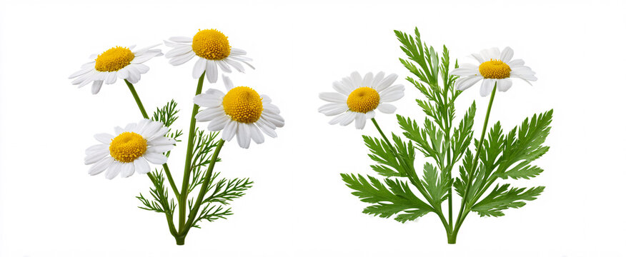 Charming Matricaria chamomilla and Levisticum officinale dance together on a pristine white stage