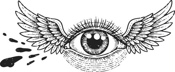Obraz premium Hand drawn mystical eye with detailed wings and ink splashes surreal spiritual symbolism, tattoo art design