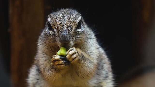 Close up of a ground squirrel sitting up and eating a broccoli with his front feet on a cloudy day in spring 