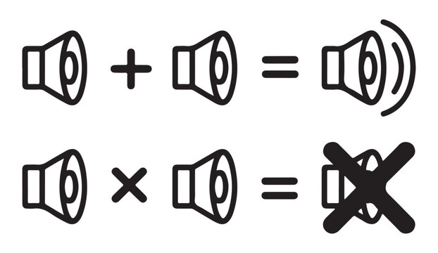 Sound volume control principles displayed through basic math equations with speaker line art icon variations.