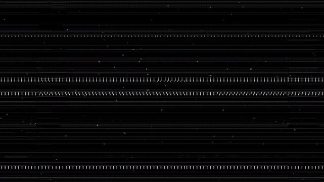 Abstract dark digital glitch video overlay texture with subtle white horizontal scanlines and static dust on a black background.