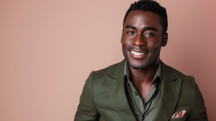 Obraz premium Handsome african american man with short hair wearing olive green tailored blazer and matching shirt smiling confidently against muted pink studio wall today