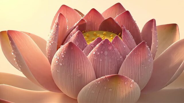 Lotus Flower Blooming Time Lapse with Water Drops on Pink Petals Against a Soft Background