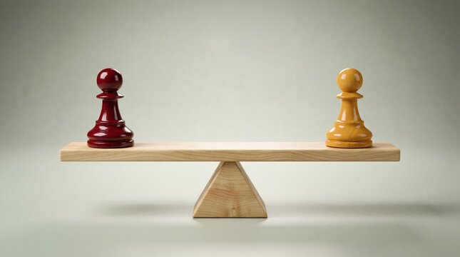 Chess Pieces Balance: Two chess pieces, a crimson pawn and a golden pawn, stand in perfect equilibrium on a wooden seesaw, symbolizing balance, strategy.
