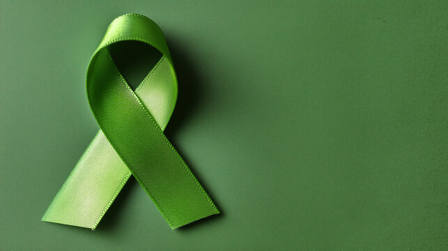 Green awareness ribbon on background, healthcare and support concept