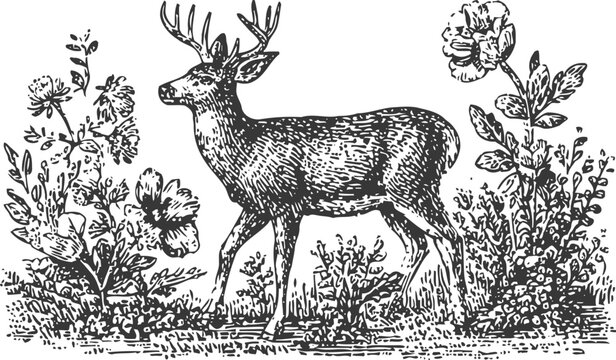 Vintage hand drawn deer with antlers standing in wildflowers and grass detailed sketch illustration