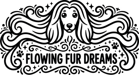 Fototapeta premium Flowing fur dreams with long haired dog face and decorative swirls black and white vector art