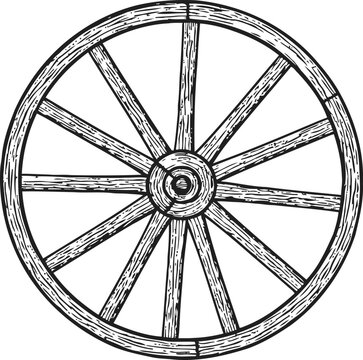 Vintage wooden wagon wheel with detailed spokes and textured rim in black and white drawing