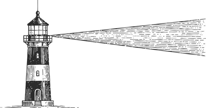 Black and white hand drawn lighthouse with bright beam light shining for navigation and safety guidance