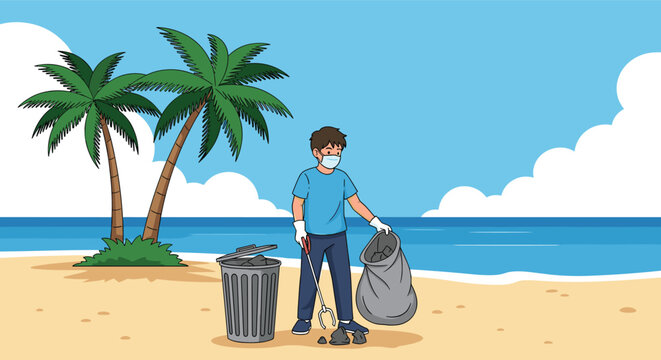 Environmentally conscious man wearing a mask picks up litter on a tropical beach with palm trees to keep the ocean clean.