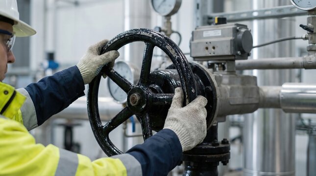 Worker in safety gear operates a black gate valve in an industrial setting, surrounded by metal pipes and pressure gauges during routine maintenance tasks in a facility