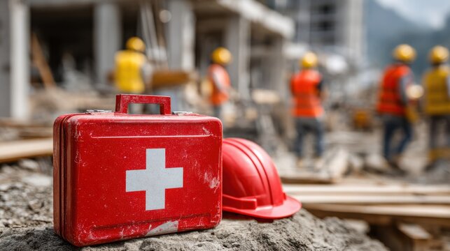 Construction site safety gear with red first aid kit and yellow hard hats in the foreground, workers in the background