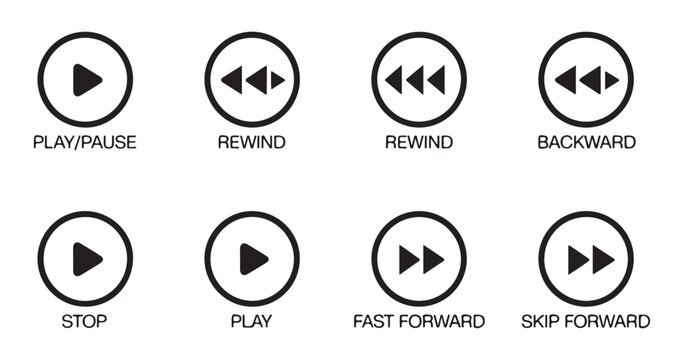 Set of eight circular media player icons with text labels play pause rewind fast forward skip backward stop.