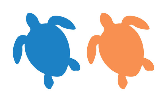 シンプルで可愛らしいウミガメのシルエット、青とオレンジの2匹の亀が泳ぐ姿を表現したベクターイラスト素材。水生生物、海洋生物のアイコンやロゴデザインに最適。