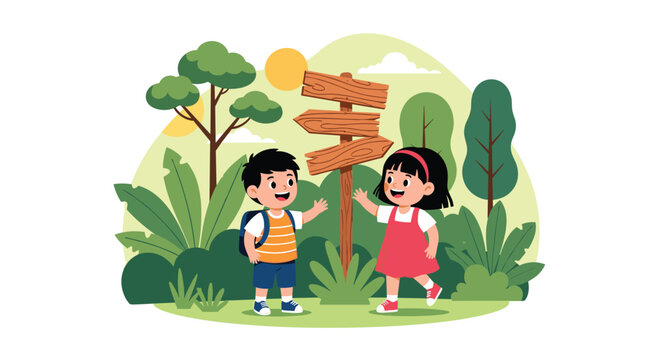 Two young explorers a boy and a girl stand by a wooden directional signpost in a lush green forest on a sunny day.