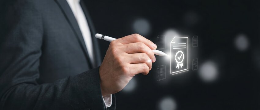 Business professional signing digital certificate in a studio environment showcasing achievement and professionalism with a modern viewpoint