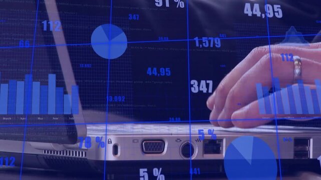 Male typist hands pressing keys, settling into typing rhythm on laptop, updating finance charts