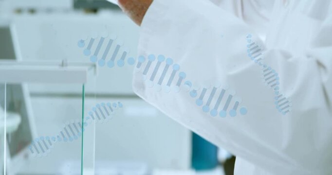 Senior scientist placing sample on balance in lab, DNA helix overlay guiding inspection for testing