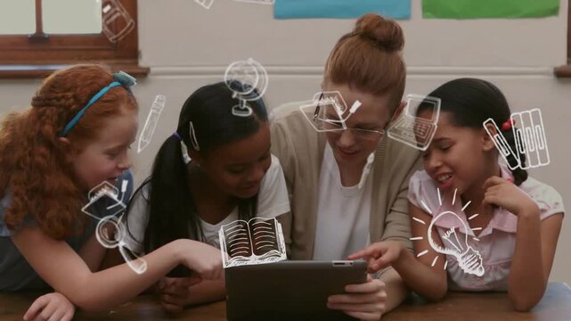 Teacher guiding three students around tablet, children tapping and launching doodles for learning