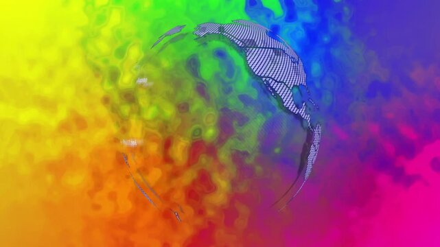 Hatched fragments emerging from multicolor cloud assembling into hatched globe, showing tech data