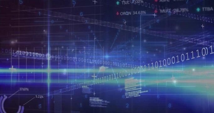 Blue beam appearing, data corridor pulsing, binary ribbon sliding, panels updating tech analytics